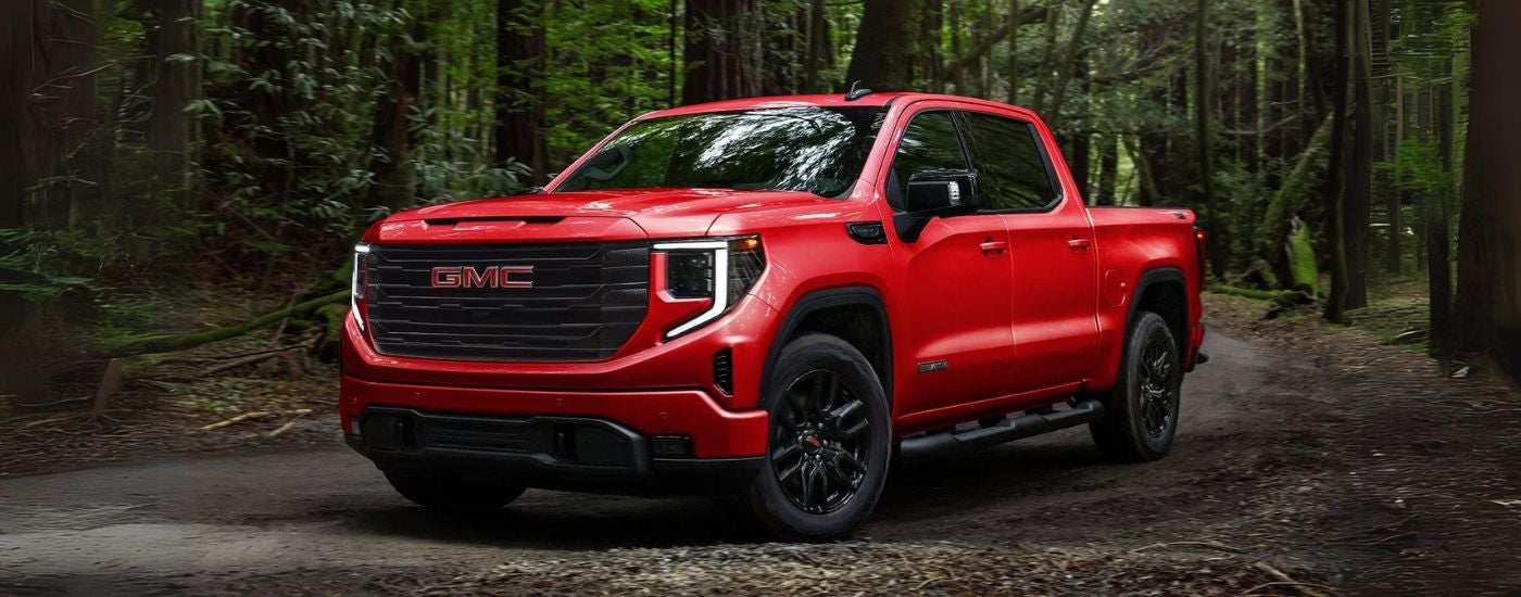 Red 2024 GMC Sierra 1500 Elevation parked in a forest.